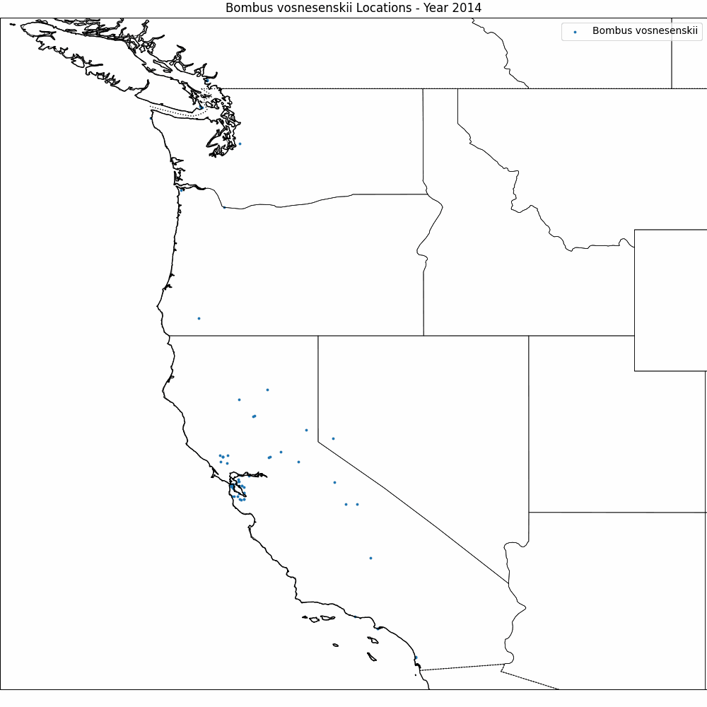 Map of western Canada and US, with scatter plot overlaid. Animation showing more observations every year, with highest densities of observations near San Diego, Los Angeles, San Franscisco, Portland, Seattle, and Vancouver. There is a line of observations in the Sierra Nevada and Cascade mountain ranges.